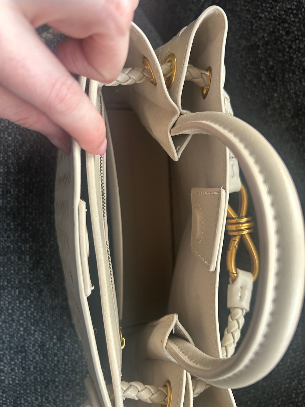 Woven Pleather Tote with Gold Knot Accent - Cream - Picture 6 of 7